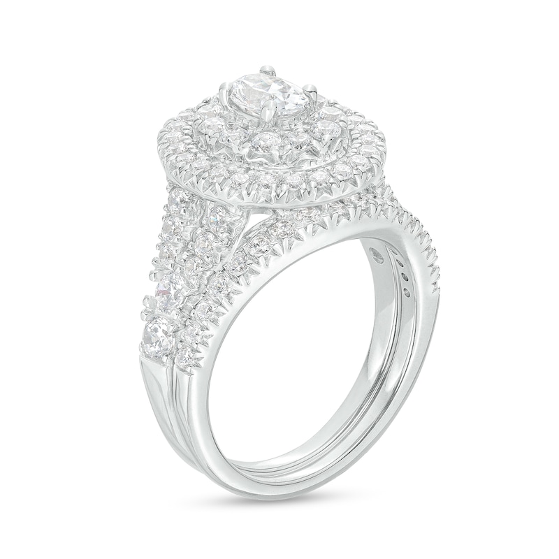 Main Image 3 of 2 CT. T.W. Oval Diamond Double Frame Split Shank Vintage-Style Bridal Set in 14K White Gold
