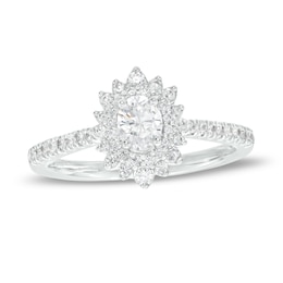 5/8 CT. T.W. Oval Diamond Double Sunburst Frame Engagement Ring in 14K White Gold