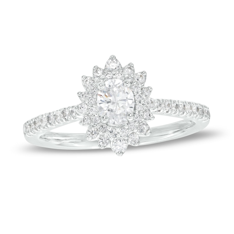 Main Image 1 of 5/8 CT. T.W. Oval Diamond Double Sunburst Frame Engagement Ring in 14K White Gold