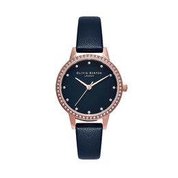 Ladies' Olivia Burton Classics Crystal Accent Rose-Tone IP Leather Strap Watch with Navy Blue Dial (Model: OB16MD99)