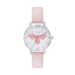 Ladies' Olivia Burton Honey Bee Pink Leather Strap Watch with White Textured Dial (Model: OB16FB25)