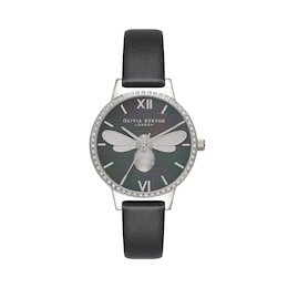 Ladies' Olivia Burton Lucky Bee Crystal Accent Leather Strap Watch with Black Mother-of-Pearl Dial (Model: OB16BB13)