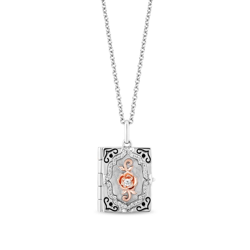 Main Image 1 of Enchanted Disney Belle 1/8 CT. T.W. Diamond Book Locket Pendant in Sterling Silver and 10K Rose Gold – 19"