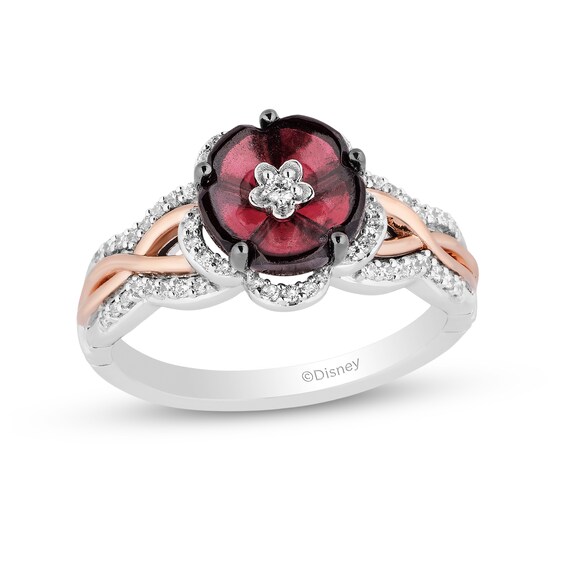 Enchanted Disney Mulan 8.0mm Rhodolite Garnet and 1/5 CT. T.w. Diamond Flower Ring in Sterling Silver and 10K Rose Gold