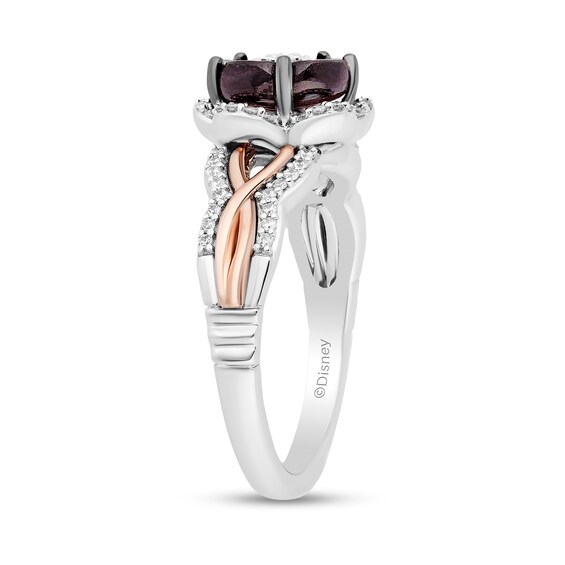 Enchanted Disney Mulan 8.0mm Rhodolite Garnet and 1/5 CT. T.w. Diamond Flower Ring in Sterling Silver and 10K Rose Gold