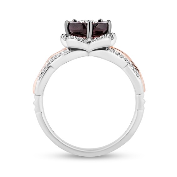 Enchanted Disney Mulan 8.0mm Rhodolite Garnet and 1/5 CT. T.w. Diamond Flower Ring in Sterling Silver and 10K Rose Gold
