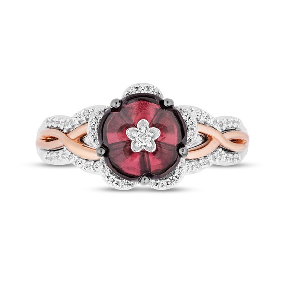Enchanted Disney Mulan 8.0mm Rhodolite Garnet and 1/5 CT. T.w. Diamond Flower Ring in Sterling Silver and 10K Rose Gold