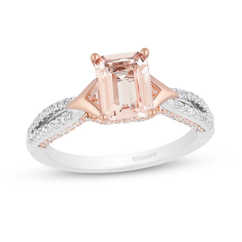 Main Image 1 of Enchanted Disney Aurora Morganite and 1/3 CT. T.W. Diamond Split Shank Engagement Ring in 14K Two-Tone Gold