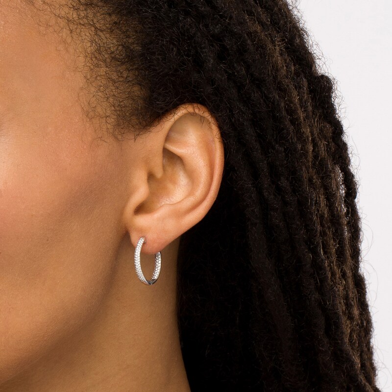 Main Image 2 of 1/2 CT. T.W. Diamond Triple Row Inside-Out Hoop Earrings in 10K White Gold