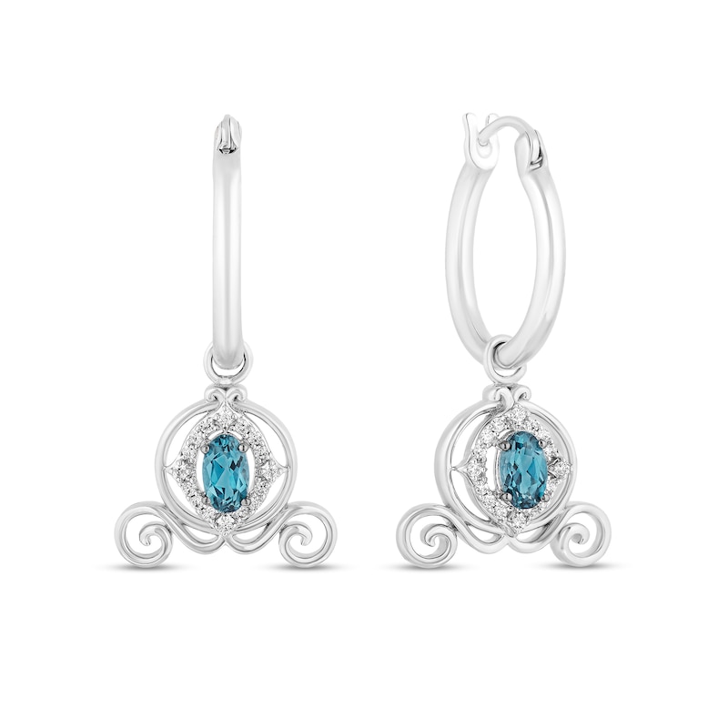 Enchanted Disney Cinderella Blue Topaz and 1/10 CT. T.W. Diamond Carriage Dangle Hoop Earrings in Sterling Silver