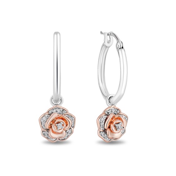 Enchanted Disney Belle 1/10 CT. T.w. Diamond Rose Drop Earrings in Sterling Silver and 10K Rose Gold