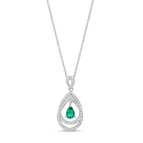 Pear-Shaped Lab-Created Emerald and White Sapphire Frame Intertwined Pendant in Sterling Silver