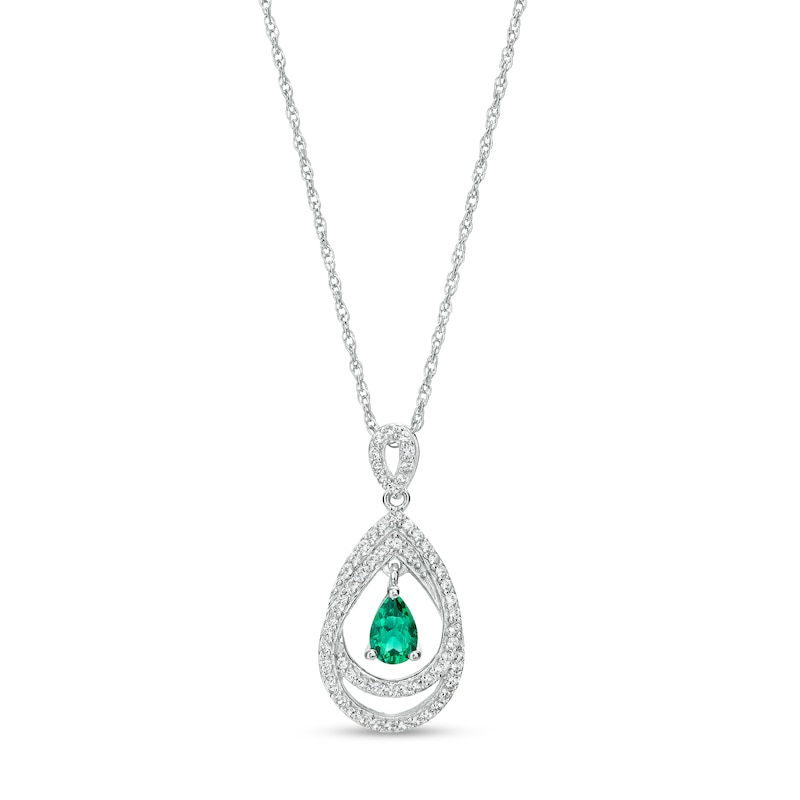 Main Image 1 of Pear-Shaped Lab-Created Emerald and White Sapphire Frame Intertwined Pendant in Sterling Silver