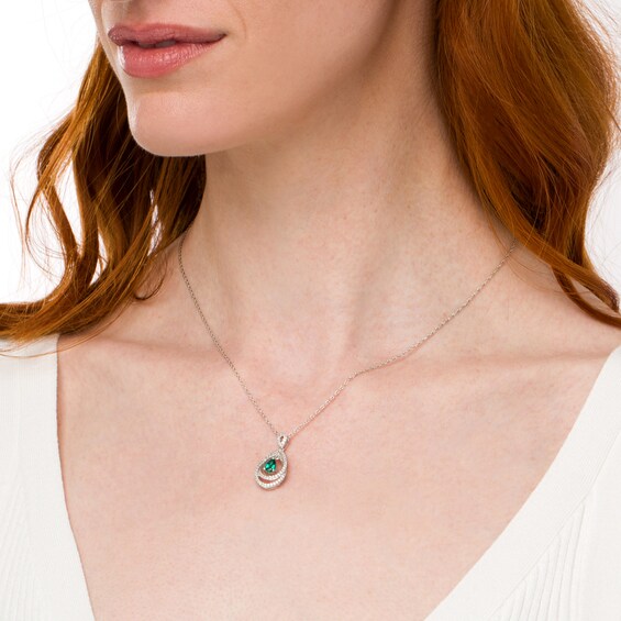 Pear-Shaped Lab-Created Emerald and White Sapphire Frame Intertwined Pendant in Sterling Silver