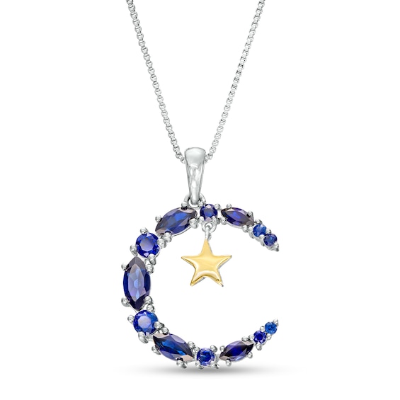 Marquise and Round Blue Lab-Created Sapphire Star and Moon Pendant in Sterling Silver with 10K Gold Plate