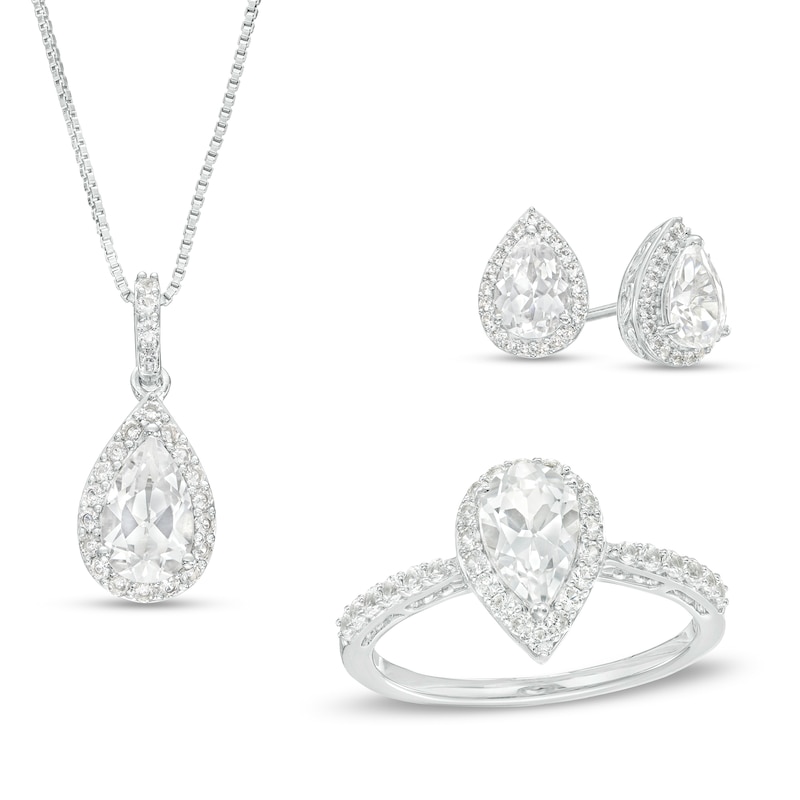 Main Image 1 of Pear-Shaped White Lab-Created Sapphire Pendant, Earrings and Ring Set in Sterling Silver
