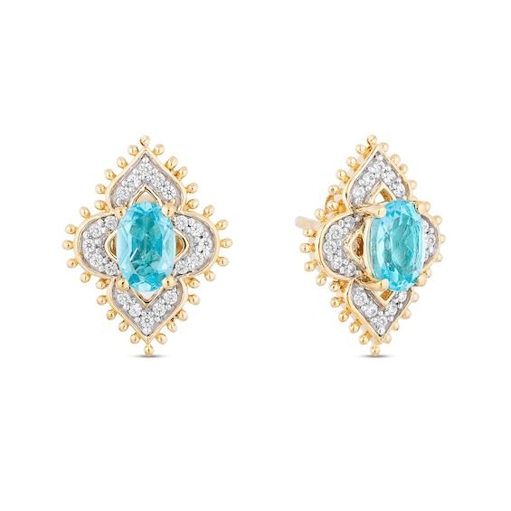 Enchanted Disney Jasmine Oval Swiss Blue Topaz and 1/6 CT. T.w. Diamond Arabesque Frame Stud Earrings in 10K Gold