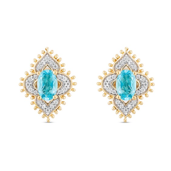 Enchanted Disney Jasmine Oval Swiss Blue Topaz and 1/6 CT. T.w. Diamond Arabesque Frame Stud Earrings in 10K Gold