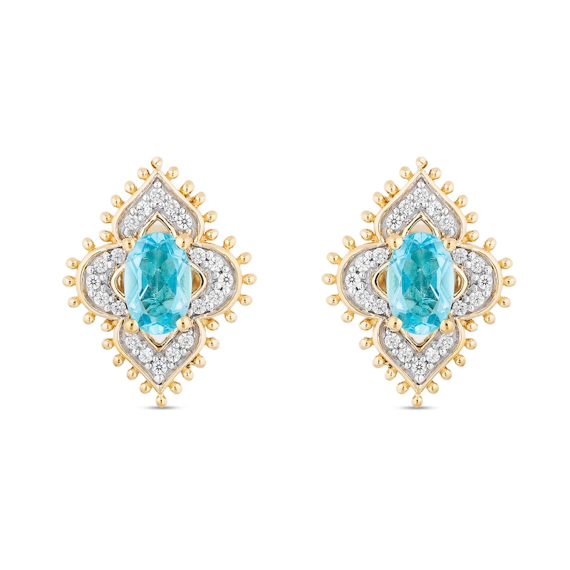 Enchanted Disney Jasmine Oval Swiss Blue Topaz and 1/6 CT. T.W. Diamond Arabesque Frame Stud Earrings in 10K Gold