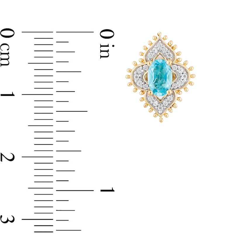 Enchanted Disney Jasmine Oval Swiss Blue Topaz and 1/6 CT. T.W. Diamond Arabesque Frame Stud Earrings in 10K Gold