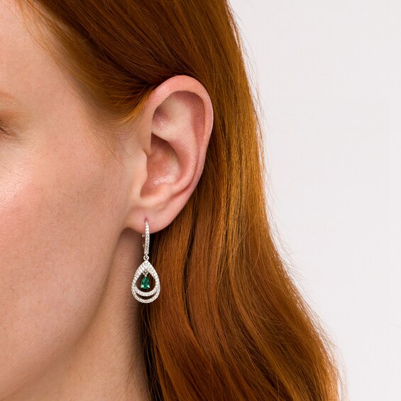 Pear-Shaped Lab-Created Emerald and White Sapphire Intertwined Drop Earrings in Sterling Silver