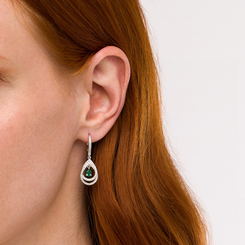 Main Image 2 of Pear-Shaped Lab-Created Emerald and White Sapphire Intertwined Drop Earrings in Sterling Silver
