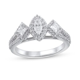 1 CT. T.W. Marquise and Princess-Cut Diamond Frame Three Stone Split Shank Engagement Ring in 14K White Gold