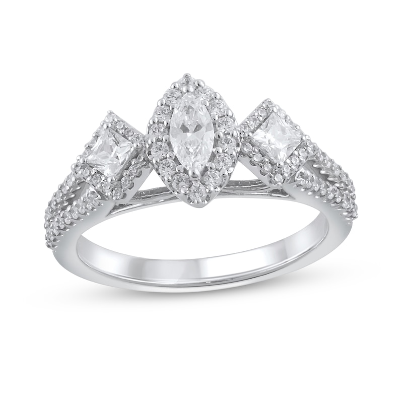 Main Image 1 of 1 CT. T.W. Marquise and Princess-Cut Diamond Frame Three Stone Split Shank Engagement Ring in 14K White Gold