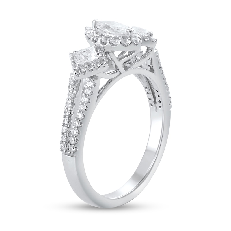 Main Image 2 of 1 CT. T.W. Marquise and Princess-Cut Diamond Frame Three Stone Split Shank Engagement Ring in 14K White Gold