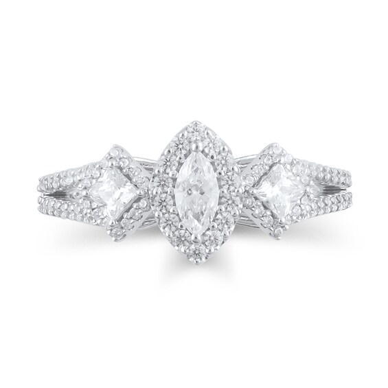 1 CT. T.w. Marquise and Princess-Cut Diamond Frame Three Stone Split Shank Engagement Ring in 14K White Gold