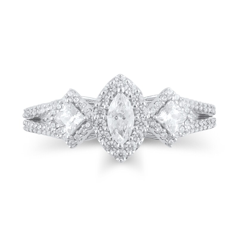 Main Image 3 of 1 CT. T.W. Marquise and Princess-Cut Diamond Frame Three Stone Split Shank Engagement Ring in 14K White Gold