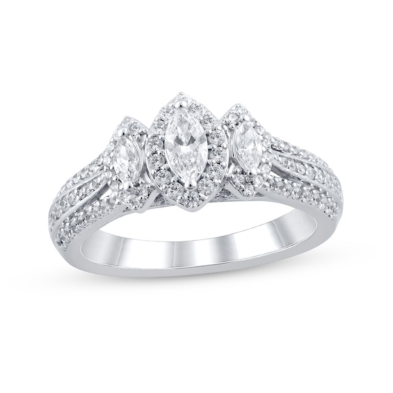 1 CT. T.w. Marquise Diamond Frame Three Stone Triple Row Split Shank Engagement Ring in 14K White Gold