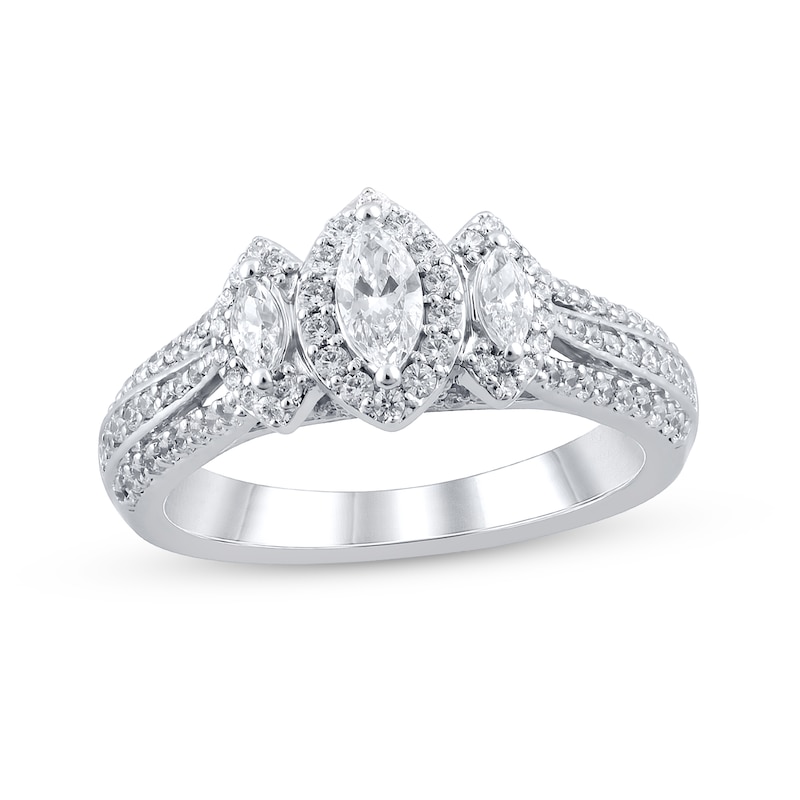 Main Image 1 of 1 CT. T.W. Marquise Diamond Frame Three Stone Triple Row Split Shank Engagement Ring in 14K White Gold