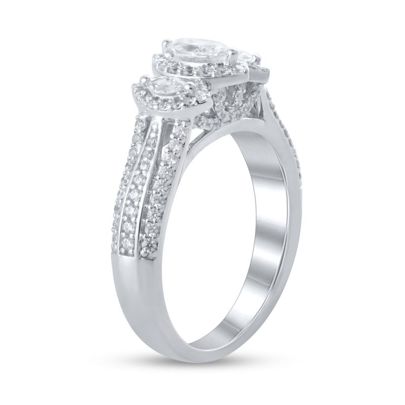 Main Image 2 of 1 CT. T.W. Marquise Diamond Frame Three Stone Triple Row Split Shank Engagement Ring in 14K White Gold