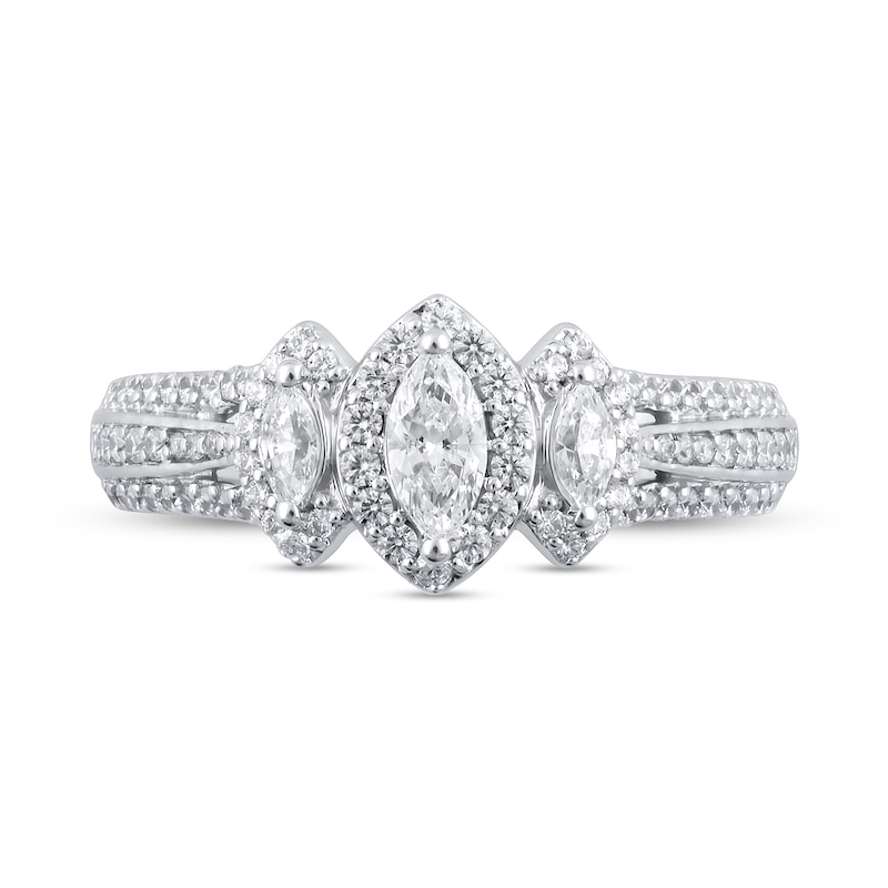 Main Image 3 of 1 CT. T.W. Marquise Diamond Frame Three Stone Triple Row Split Shank Engagement Ring in 14K White Gold