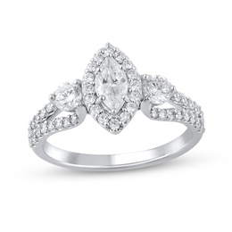 1-3/8 CT. T.W. Marquise Diamond Frame Three Stone Loop Shank Engagement Ring in 14K White Gold
