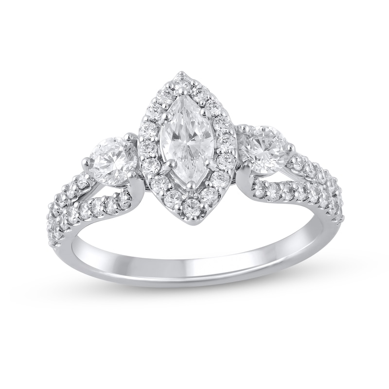 Main Image 1 of 1-3/8 CT. T.W. Marquise Diamond Frame Three Stone Loop Shank Engagement Ring in 14K White Gold