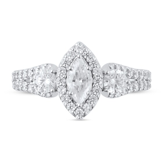1-3/8 CT. T.w. Marquise Diamond Frame Three Stone Loop Shank Engagement Ring in 14K White Gold