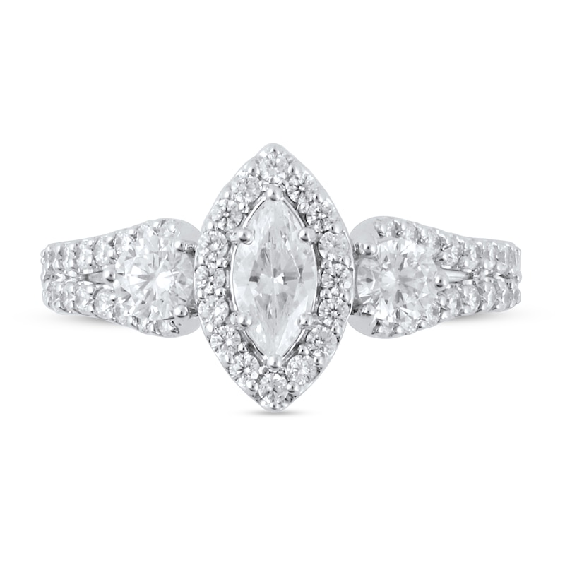 Main Image 3 of 1-3/8 CT. T.W. Marquise Diamond Frame Three Stone Loop Shank Engagement Ring in 14K White Gold