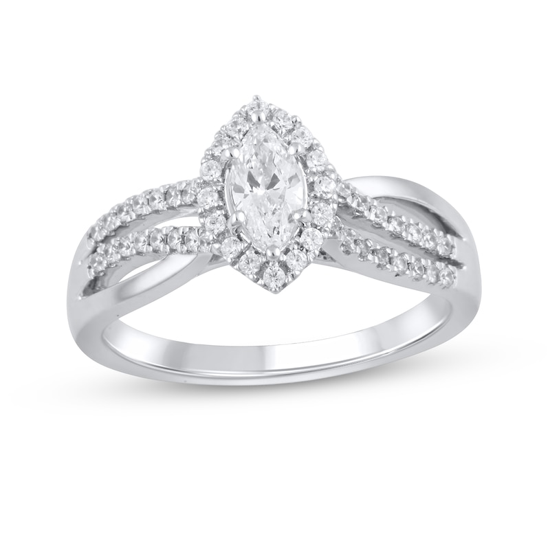 Main Image 1 of 3/4 CT. T.W. Marquise Diamond Frame Triple Row Bypass Split Shank Engagement Ring in 14K White Gold