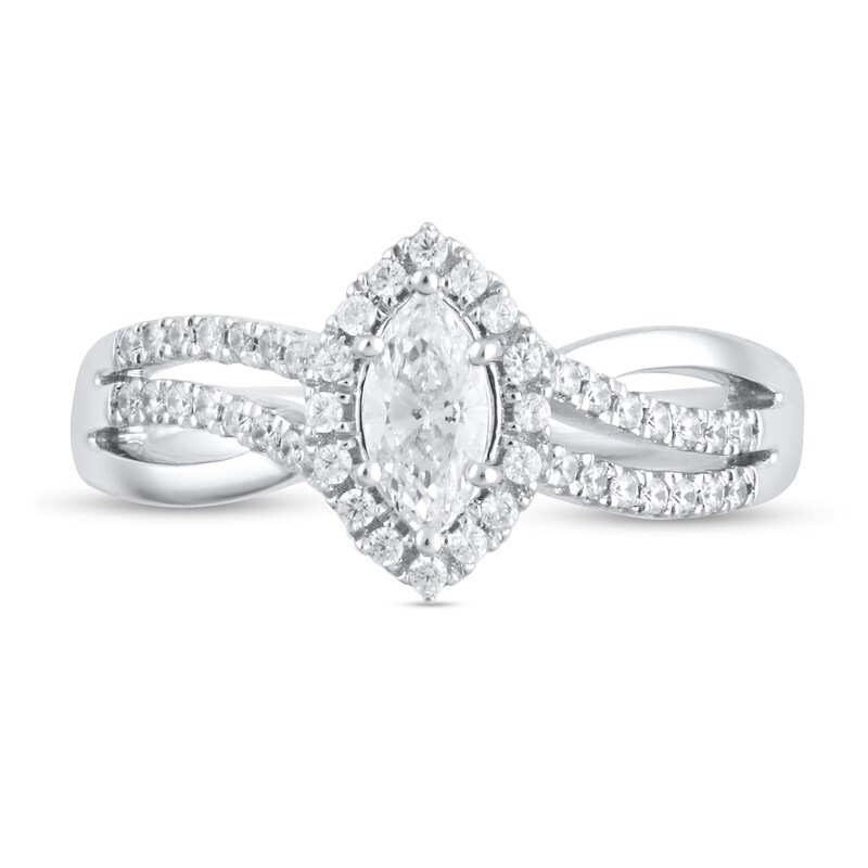 Main Image 3 of 3/4 CT. T.W. Marquise Diamond Frame Triple Row Bypass Split Shank Engagement Ring in 14K White Gold