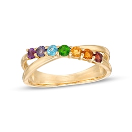 Multi-Gemstone Slant Seven Stone Rainbow Split Shank Ring in 10K Gold