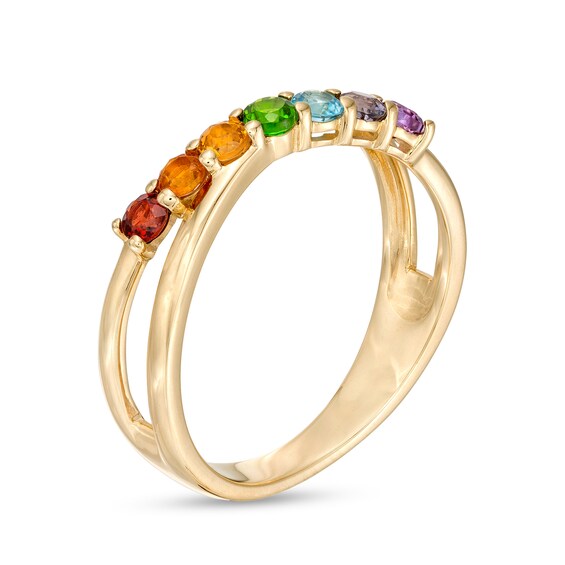 Multi-Gemstone Slant Seven Stone Rainbow Split Shank Ring in 10K Gold