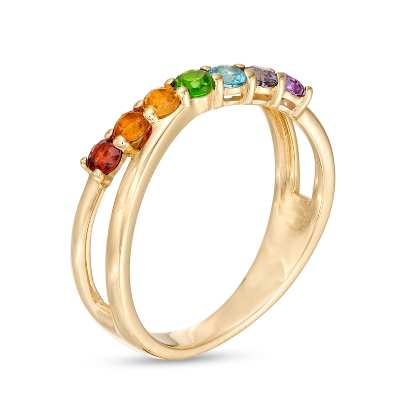 Main Image 3 of Multi-Gemstone Slant Seven Stone Rainbow Split Shank Ring in 10K Gold