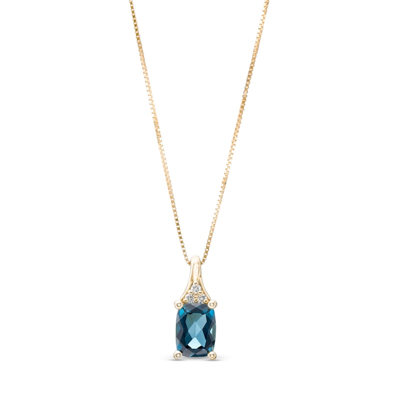 Main Image 1 of Elongated Cushion-Cut London Blue Topaz and 1/20 CT. T.W. Diamond Tri-Top Pendant in 10K Gold