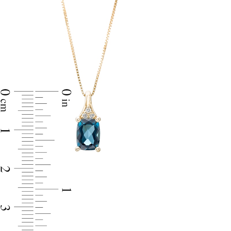 Main Image 3 of Elongated Cushion-Cut London Blue Topaz and 1/20 CT. T.W. Diamond Tri-Top Pendant in 10K Gold