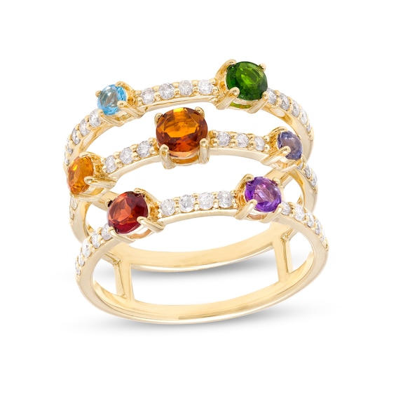 Multi-Gemstone and 3/8 CT. T.w. Diamond Scatter Triple Row Ring in 10K Gold