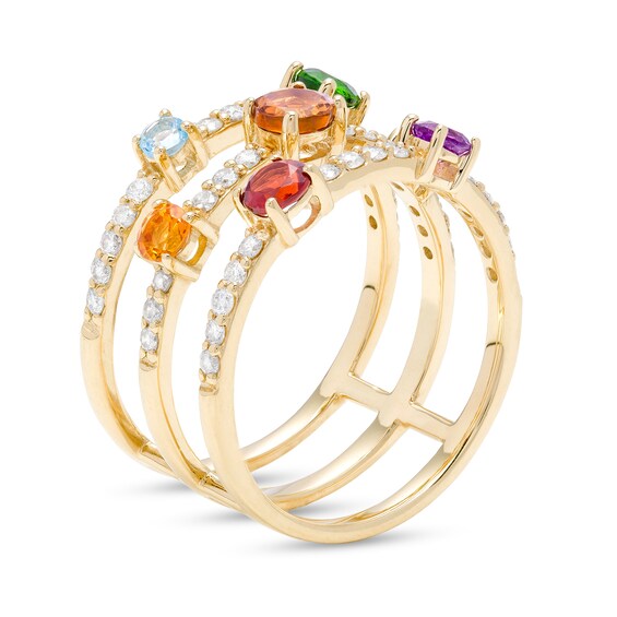 Multi-Gemstone and 3/8 CT. T.w. Diamond Scatter Triple Row Ring in 10K Gold