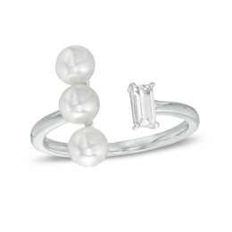 5.0mm Cultured Freshwater Pearl and White Lab-Created White Sapphire Open Ring in Sterling Silver