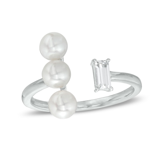 5.0mm Freshwater Cultured Pearl and White Lab-Created White Sapphire Open Ring in Sterling Silver
